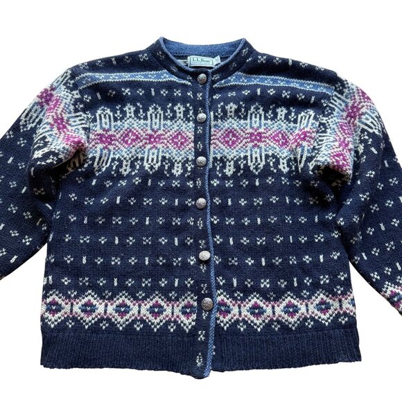 Vintage L.L. Bean Size M Navy Fair Isle Wool 90s Nordic Cardigan Sweater - Picture 2 of 15